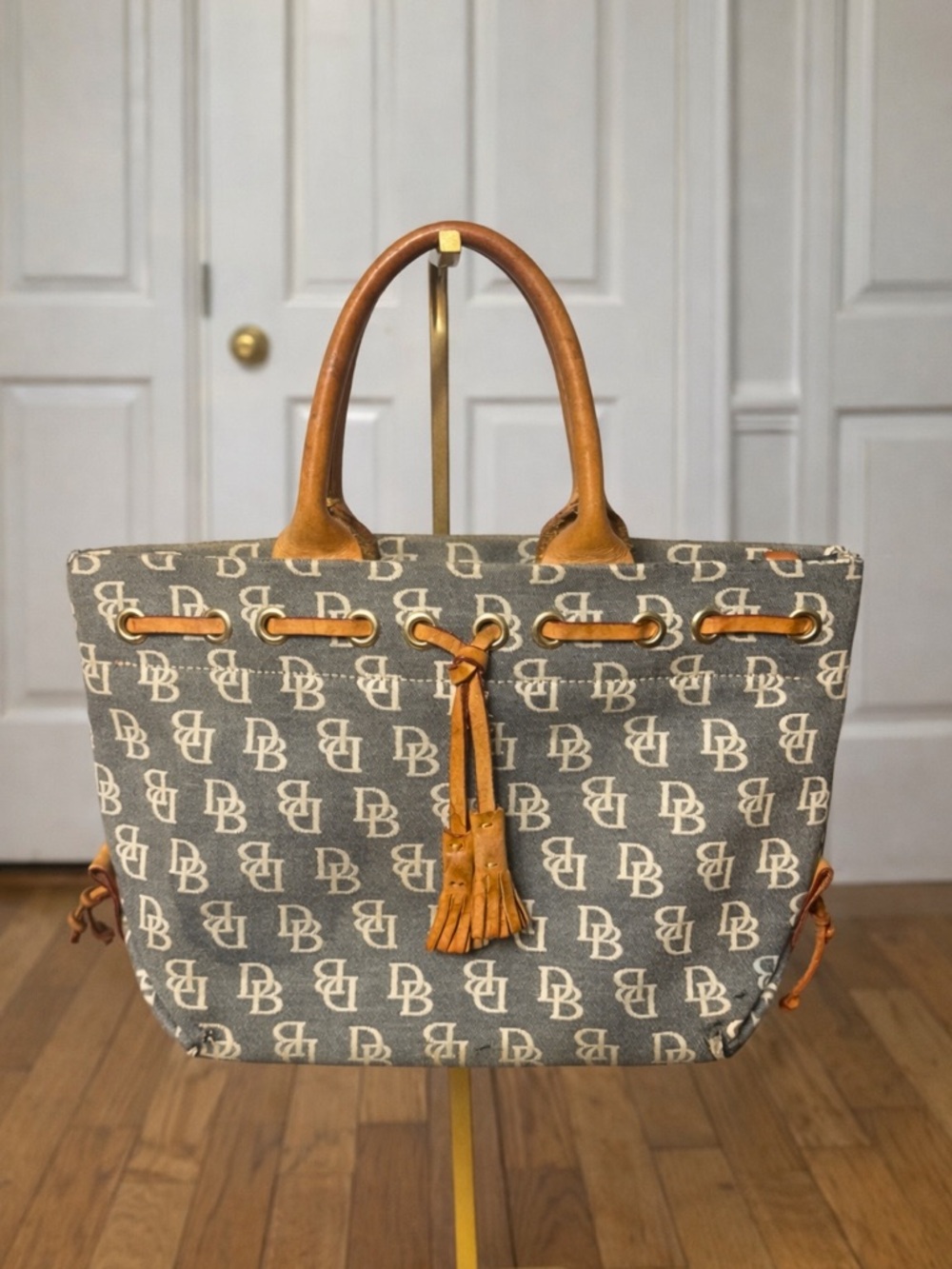 Donney & Bourke DB Monogram Canvas Tote Bag Drawstrings Leather Small Blue Gray